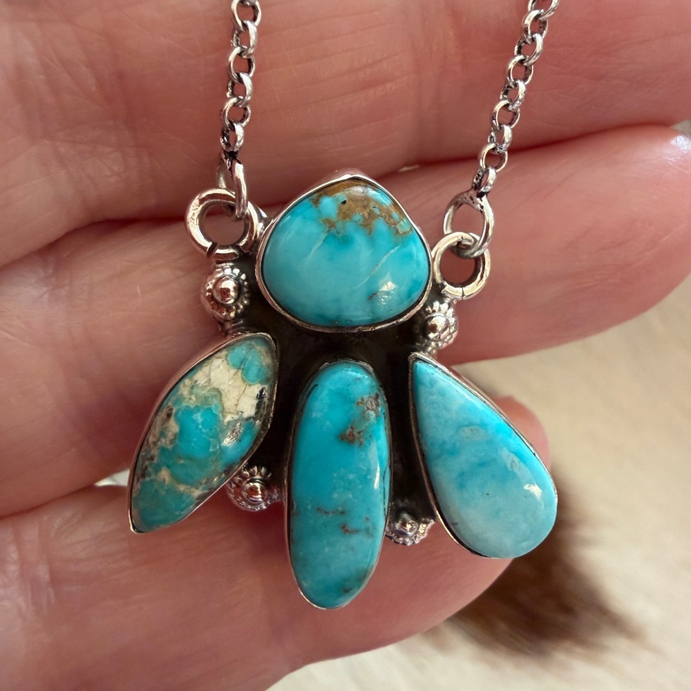 ❤️ Bluebird Turquoise 4 Stone Fan Pendant 925 Sterling 18+2” Adjustable Necklace